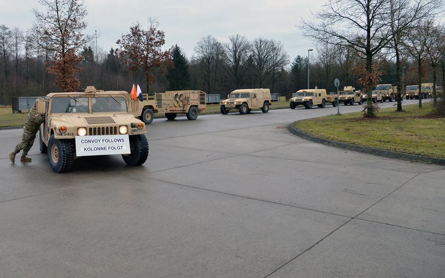 A convoy of the 3rd Armored Brigade Combat Team, 4th Infantry Division arrives at the Bergen-Hohne near Bergen, Germany, on Jan. 9, 2017. The Army is scouting places in Germany, including Bergen, as possible locations for basing more soldiers in the event the Pentagon elects to add forces in Europe.