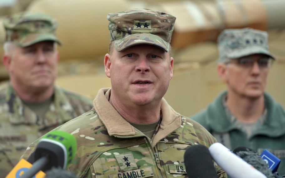 Maj. Gen. Duane Gamble, commander of the 21st Theater Sustainment Command, speaks to the media in Bremerhaven, Germany, Sunday, Jan. 8, 2017. Gamble will be heading to U.S. Army Sustainment Command, Rock Island, Illinois. He will be replaced by Maj. Gen. Steven A. Shapiro.