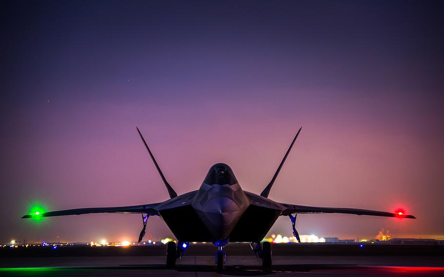 An F-22 Raptor prepares to launch a sortie in support of Combined Joint Task Force-Operation Inherent Resolve at an undisclosed location in Southwest Asia, Dec. 14, 2016.