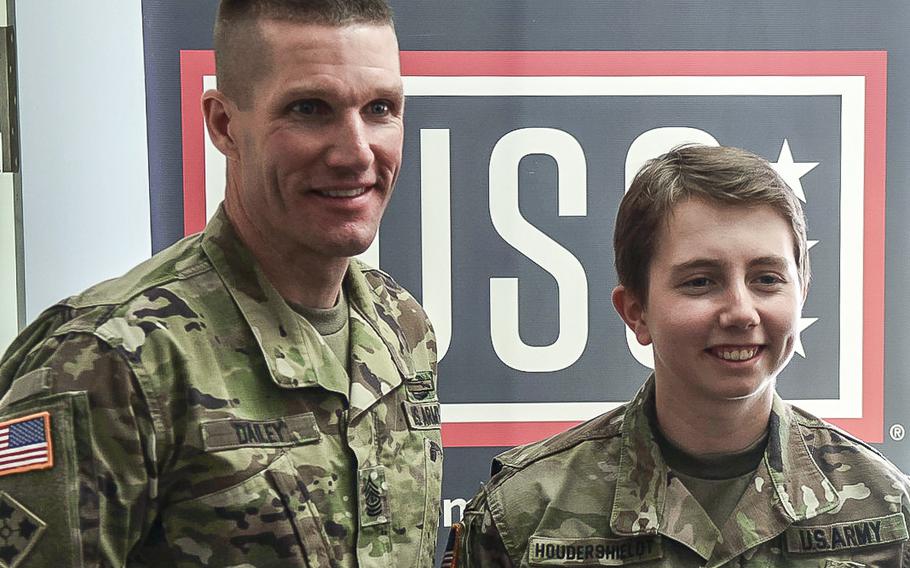 Sgt. Maj. of the Army Daniel A. Dailey, left, stands beside Spc. Emily Houdershieldt during his tour of U.S. Army Europe, Friday, April 21, 2017, in Grafenwoehr, Germany.