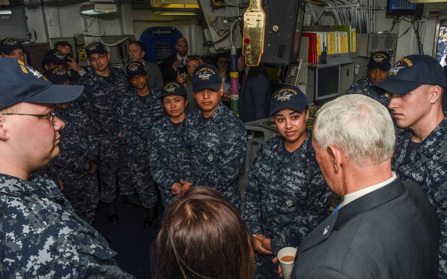Hospital Corpsman Christopher Marroquin and other sailors meet with Vice President Mike Pence aboard the USS Ronald Reagan Apr. 19, 2017.