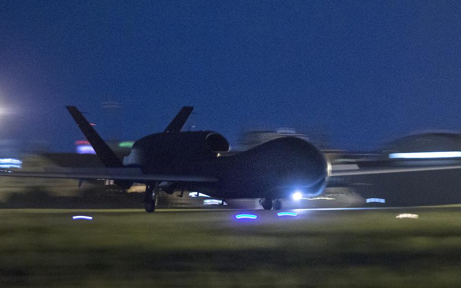 An RQ-4 Global Hawk from Andersen Air Force Base, Guam lands at Yokota Air Base, Japan on Monday, May 1, 2017.