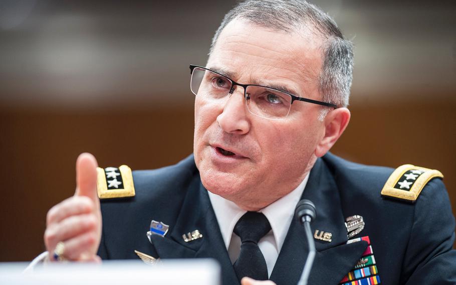 Army Gen. Curtis Scaparrotti, commander of European Command, testifies before the Senate appropriations subcommittee on Military Construction and Veterans Affairs and Related Agencies, during a hearing on Tuesday, May 2, 2017, on Capitol Hill in Washington. 