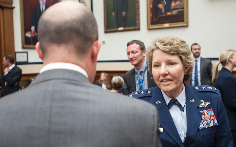 Lt. Gen. Michelle Johnson, the superintendent of the U.S. Air Force Academy at Colorado Springs, Colo., arrives for a House Armed Services subcommittee hearing on Tuesday, May, 2, 2017, as members prepared to hear testimony as part of an overview of an annual report on sexual harassment and violence at the military service academies.