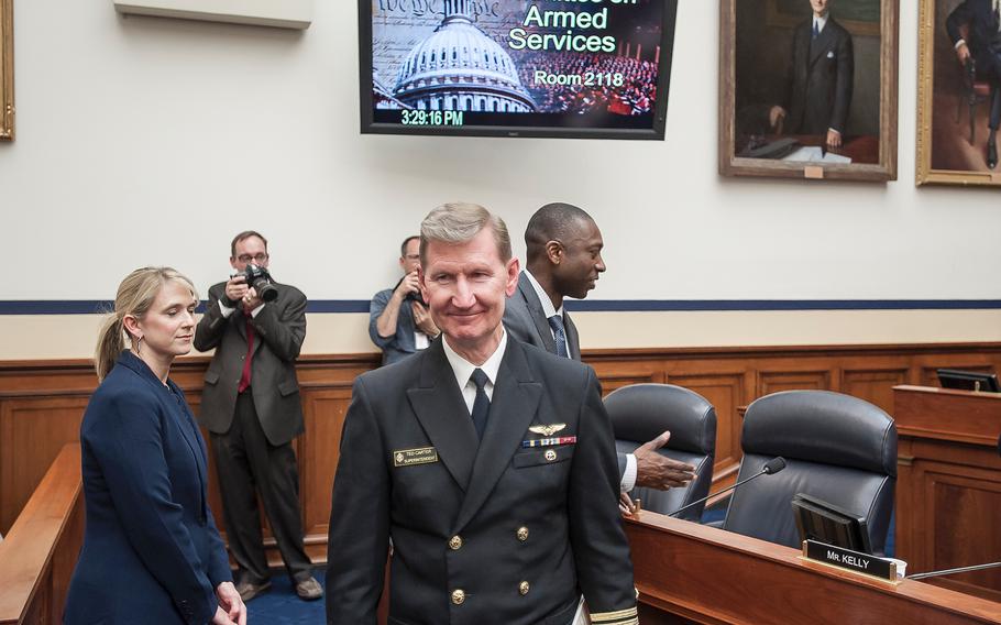 Vice Adm. Ted Carter, superintendent of the U.S. Naval Academy at Annapolis, Md., arrives for a House Armed Services subcommittee hearing on Tuesday, May, 2, 2017, as members prepared to hear testimony as part of an overview of an annual report on sexual harassment and violence at the military service academies.