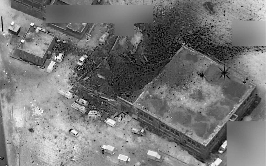 An aerial image shows the results of a U.S. airstrike in Jinah, Syria. Pentagon officials said Friday, May 5, 2017, that they are assessing how U.S. operations against the Islamic State could be affected by new weapons-free zones enforced in western Syria by Russia, Iran and Turkey.
