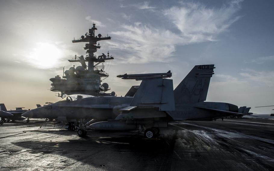 An F/A-18 Super Hornet sits on the flight deck of the aircraft carrier USS George H.W. Bush April 20, 2017. The Bush is currently deployed to the Persian Gulf supporting maritime security operations and the coalition to defeat the Islamic State in Iraq and Syria.