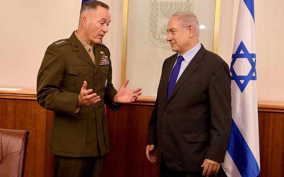 Gen. Joseph Dunford, chairman of the Joint Chiefs of Staff, meets Israeli Prime Minister Benjamin Netanyahu at his office in Jerusalem on May 9, 2017.