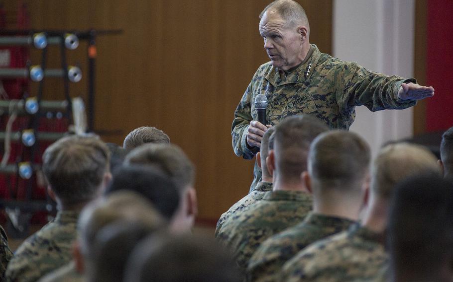 Commandant of the Marine Corps Gen. Robert B. Neller speaks to Marines at Combined Arms Training Center Camp Fuji, Japan, April 3, 2017. Neller spoke about the Marine Corps' revised social media policy. 