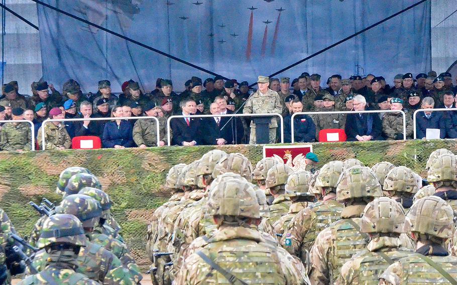 Gen. Curtis Scaparrotti, commander of European Command and Supreme Allied Commander in Europe, delivers a speech during a welcoming ceremony for soldiers from Battle Group Poland to kick off their deployment, April 13, 2017.