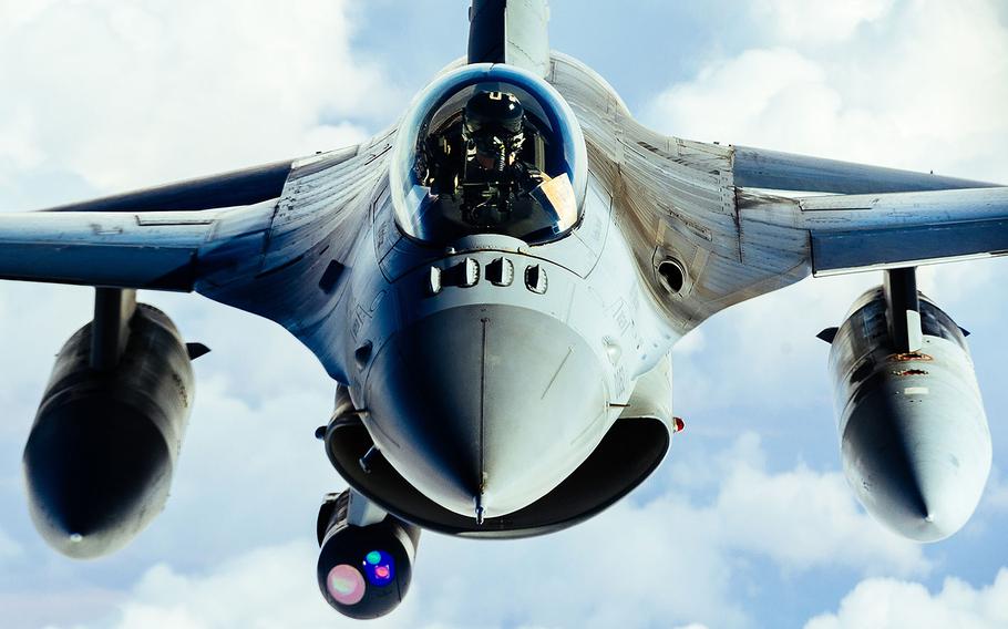 A U.S. Air Force F-16 Fighting Falcon refuels from a 340th Expeditionary Air Refueling Squadron KC-135 Stratotanker in support of Operation Inherent Resolve, Feb. 15, 2017.