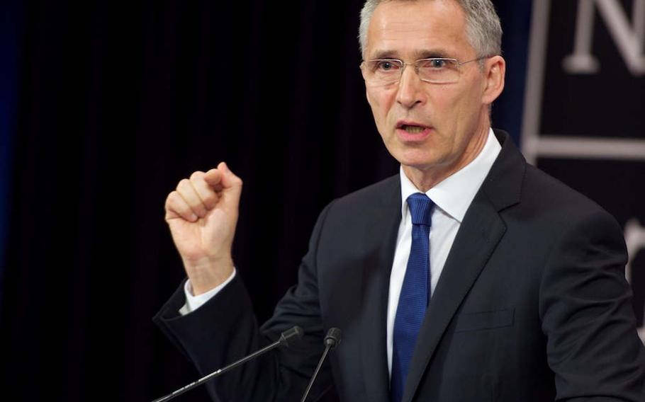NATO Secretary-General Jens Stoltenberg speaks before a news conference before a meeting of NATO heads of state and government in Brussels, Thursday, May 25, 2017. U.S. President Donald Trump, who has called on member states to increase their funding of the alliance, was set to address the summit. 