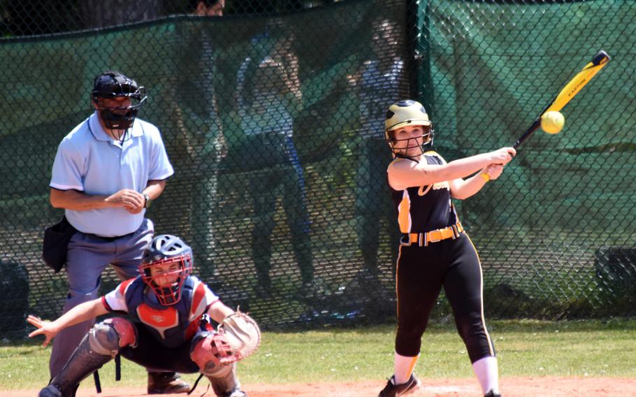 Stuttgart's Sara Tingey hits the ball in a game against Lakenheath during the first day of the softball championships at Kaiserslautern, Germany, Thursday, May 25. 