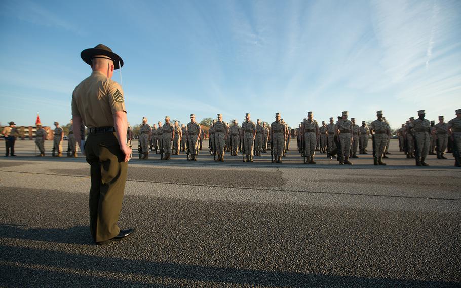 A Marine Corps drill instructor stands before his platoon at Parris Island, S.C., on March 22, 2017. A military jury on Wednesday, May 24, acquitted Sgt. Riley Gress, a former drill instructor at Parris Island, of charges of cruelty and maltreatment following a court-martial.