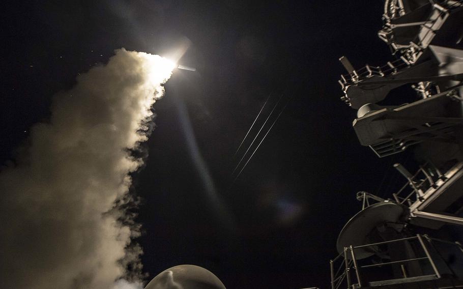 In an April, 2017 file photo, USS Ross fires a tomahawk land attack missile while conducting naval operations in the U.S. 6th Fleet area of operations in the Mediterranean Sea.