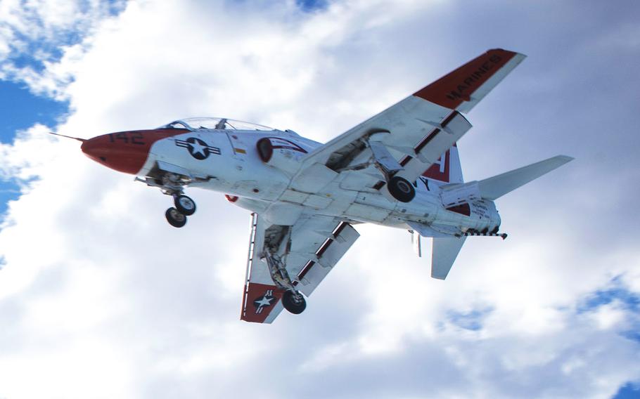 A T-45 Goshawk assigned to Carrier Training Wing 1 approaches the flight deck of the aircraft carrier USS Dwight D. Eisenhower in March, 2017.