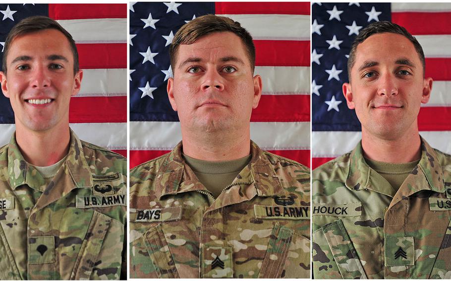 Cpl. Dillon C. Baldridge, Sgt. William M. Bays and Sgt. Eric M. Houck were killed an Afghan soldier turned his gun on them in an apparent insider attack Saturday, June 10, 2017 in eastern Afghanistan’s Nangarhar province, where they were assisting in the battle against Islamic State terrorists.