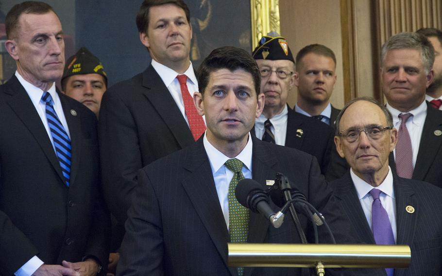 Backed by members of Congress and representatives of veterans' service organizations, House Speaker Paul Ryan speaks at a press conference on Capitol Hill following the passage by the House of the Department of Veterans Affairs Accountability and Whistleblower Protection Act, June 13, 2017.