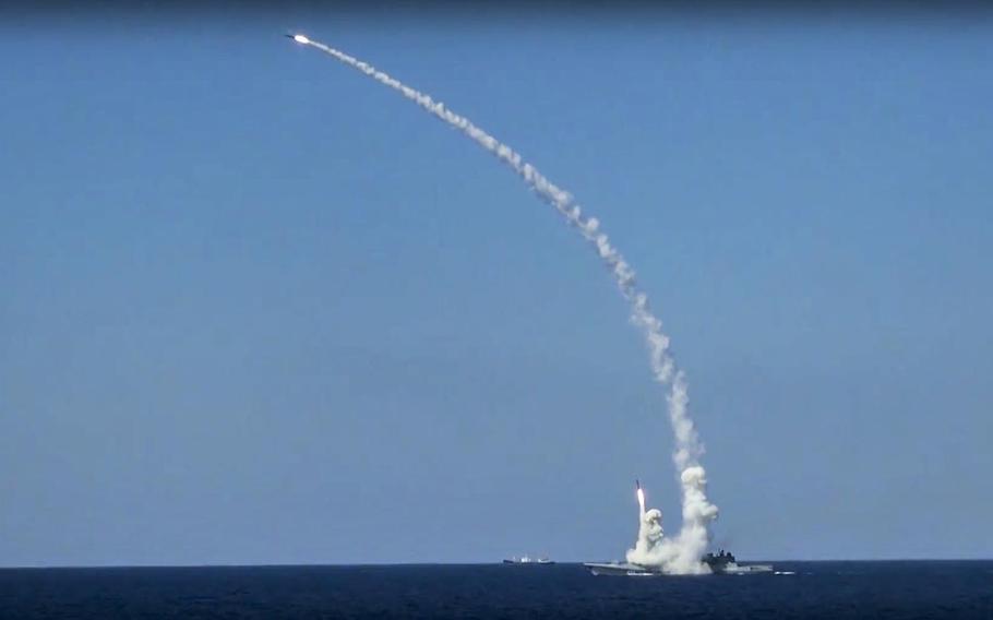 In this image released on Friday, June 23, 2017, long-range Kalibr cruise missiles are launched by a Russian navy ship in the eastern Mediterranean. Russia's Defense Ministry said it fired cruise missiles from the Mediterranean Sea on positions of the Islamic State in Syria.