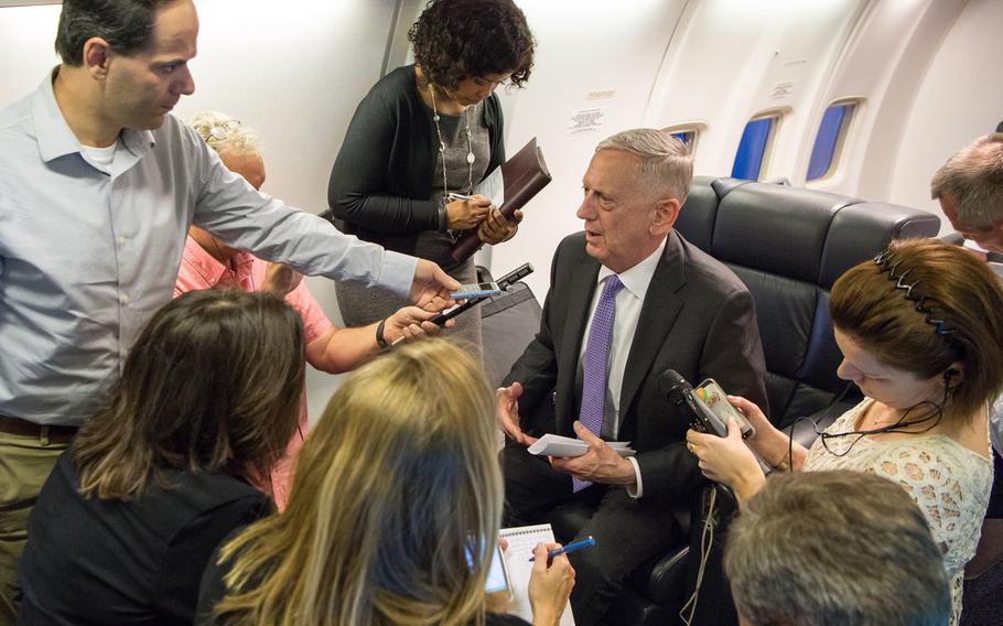 Secretary of Defense Jim Mattis speaks to the press during a flight to Garmisch, Germany, on Monday, June 26, 2017.