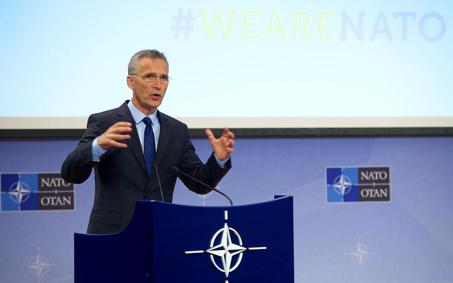 NATO Secretary-General Jens Stoltenberg gives a news conference ahead of Thursday's NATO Defense Ministers' meeting at NATO headquarters in Brussels on Wednesday, June 28, 2017.
Photo courtesy of NATO