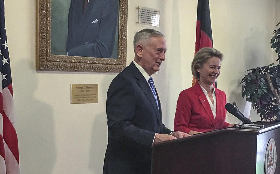 Defense Secretary Jim Mattis and German Minister of Defense Ursula von der Leyen speak at the George C. Marshall European Center for Security Studies in Garmisch, Germany, to commemorate the 70th anniversary of the Marshall Plan.