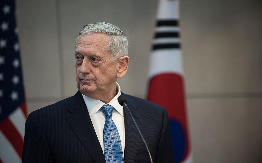 Defense Secretary Jim Mattis listens while the Minister of National Defense for the Republic of Korea speaks on Feb. 2, 2017 at the Ministry of National Defense in Seoul, South Korea.