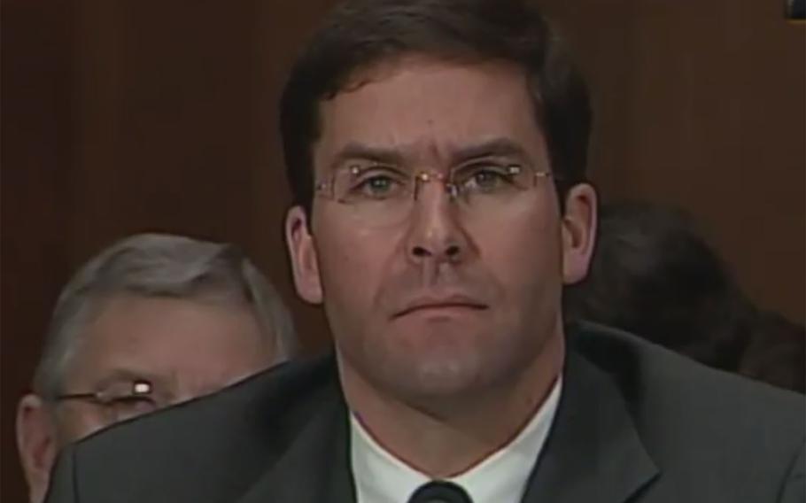 Mark Esper, deputy assistant secretary for the Department of Defense, appears before the Senate Foreign Relations Committee on Jan. 29, 2004