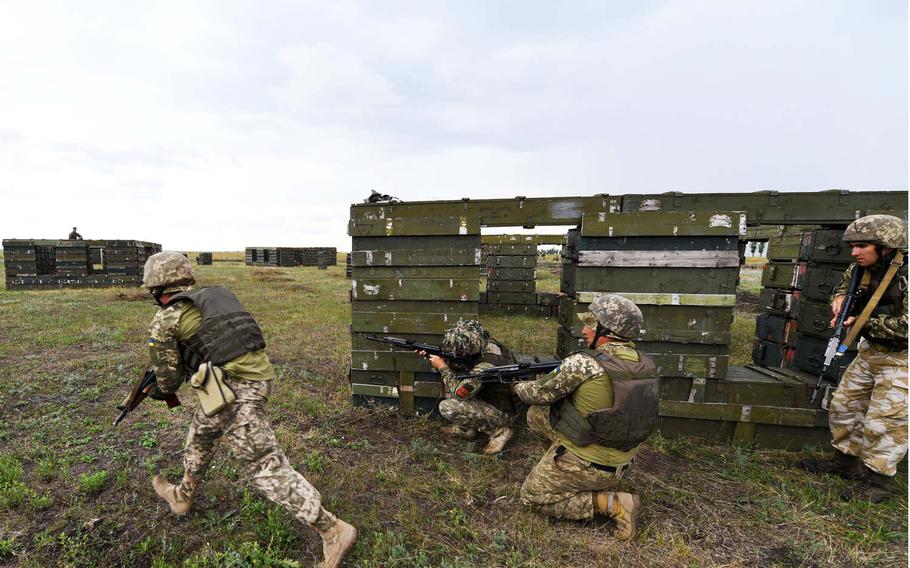 Ukrainian marines engage in urban terrain training during Sea Breeze exercise in Shiroky Lan, Ukraine, on Thursday, July 13, 2017. Sea Breeze is a multinational Black Sea exercise that is co-hosted by the United States and Ukraine.
Justin Stumberg/U.S. Navy