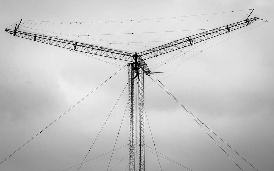 An airman works on an antenna at Tokorozawa Communication Site outside Tokyo, March 14, 2017.