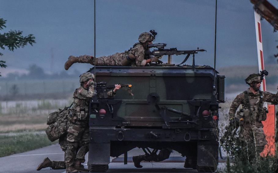 First Battalion, 143rd Infantry Regiment, 173rd Airborne Brigade conducts an airfield seizure in Turzii, Romania, during Exercise Saber Guardian 17.