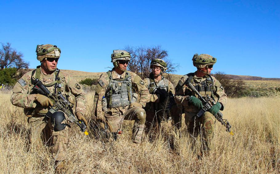U.S. Army soldiers from the 101st Airborne Division pull security during a training scenario for Shared Accord 2017 at the South African Army Combat Training Center on July 19, 2017.