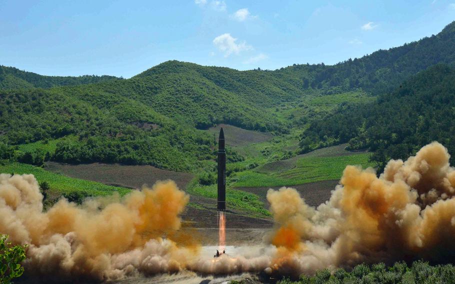 A Hwasong-14 intercontinental ballistic missile launches from a site in North Korea, according to a posting on July 4, 2017, by the North Korean government news agency. The Pentagon announced on Friday, July 28, that North Korea launched another ballistic missile.