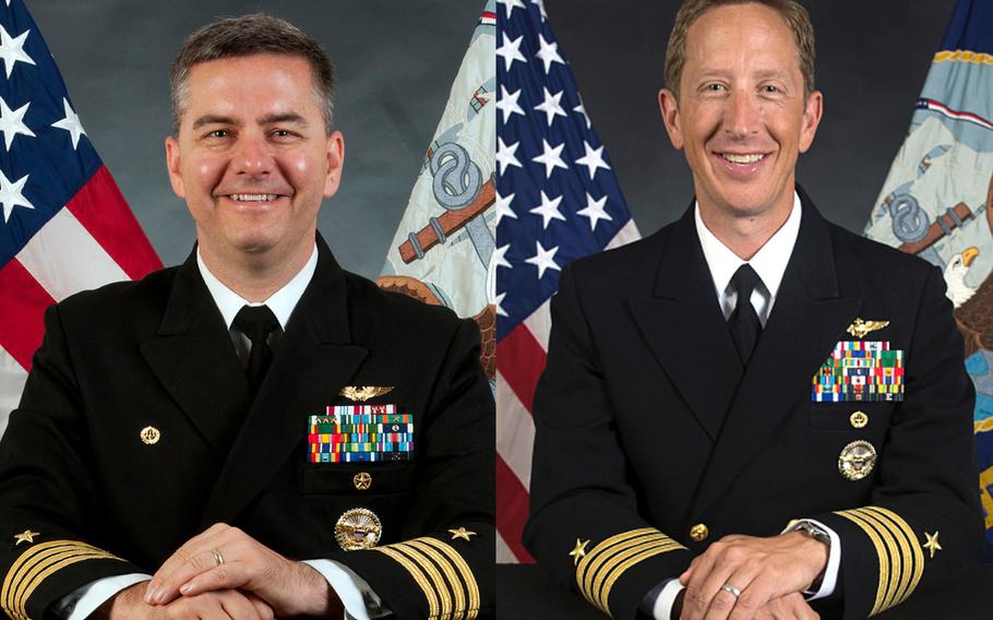Capt. Douglas Carpenter, left, relinquished command of the U.S. Navy base in Naples, Italy on Aug. 3, 2017 to Capt. Todd Abrahamson.