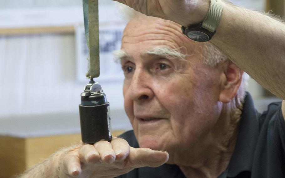 Retired U.S. Marine Corps Maj. John Fasulo explains how an explosive device works before a class at Fort A.P. Hill, Va., in June, 2017.