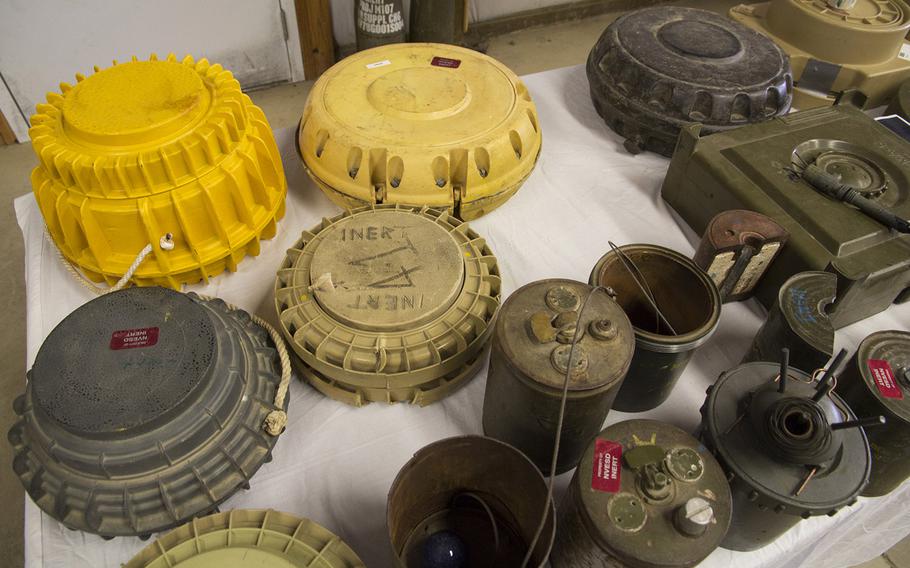 Inert explosive devices on display for a class taught by retired Marine Corps Maj. John Fasulo at Fort A.P. Hill, Va., in June, 2017.