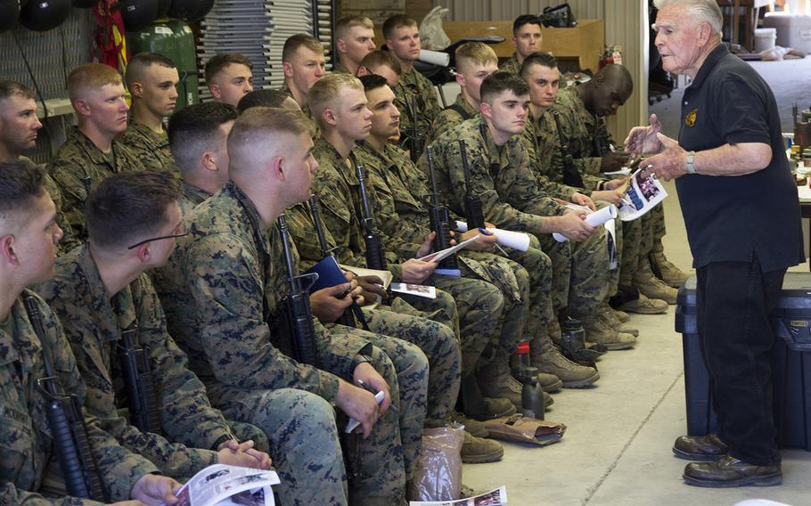 Retired U.S. Marine Corps Maj. John Fasulo talks about explosive devices during a class for Marines at Fort A.P. Hill, Va., in June, 2017.
