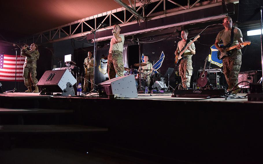 U.S. Air Forces Central Command band Starlifter performs for Airmen of the 380th Air Expeditionary Wing at Al Dhafra Air Base, United Arab Emirates, July 26, 2017.