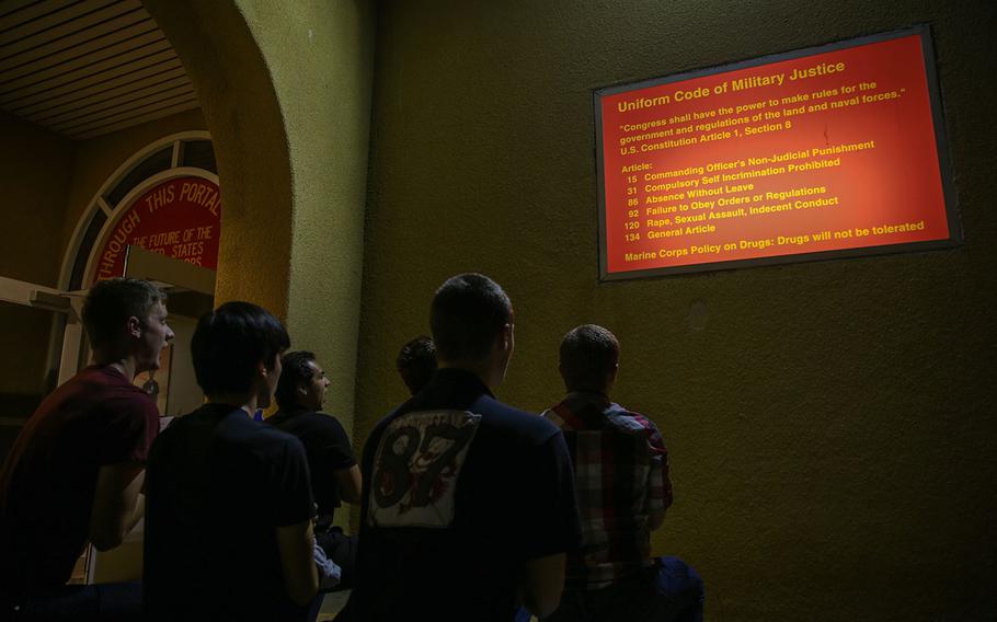 New recruits receive a Uniform Code of Military Justice brief at Marine Corps Recruit Depot San Diego, Aug. 7, 2017.