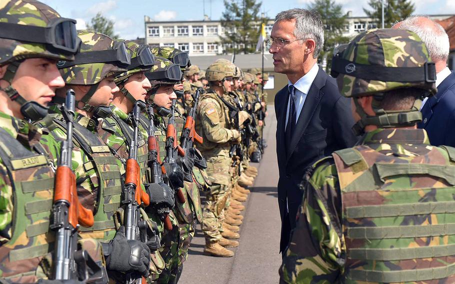NATO Secretary-General Jens Stoltenberg meets with NATO troops in Poland, Friday, Aug. 25, 2017.