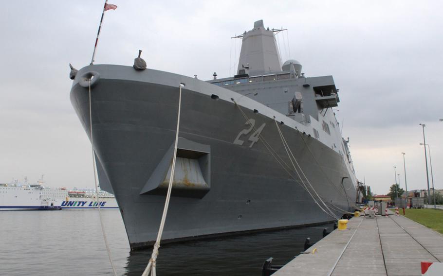 The USS Arlington is moored in preparation to go underway to participate in BALTOPS 2017, an annual maritime exercise in the Baltic Sea region. The U.S. and Russia have stepped up military drills in the Baltic region.