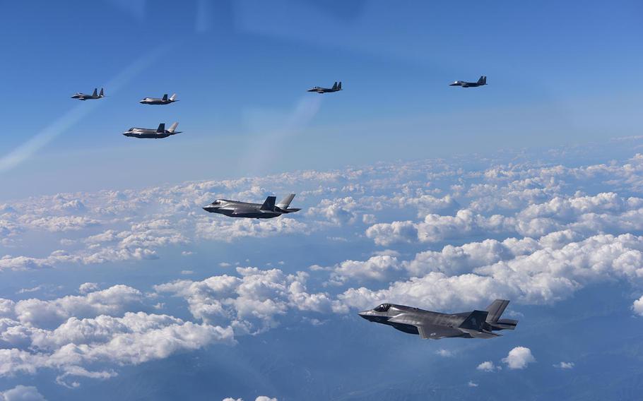 U.S. Marine Corps F-35B Lightning II fighters assigned to Marine Corps Air Station Iwakuni, Japan, are joined by South Korean Air Force F-15K fighters during a 10-hour mission from Andersen Air Force Base, Guam, to the Korean Peninsula on Aug. 30, 2017.