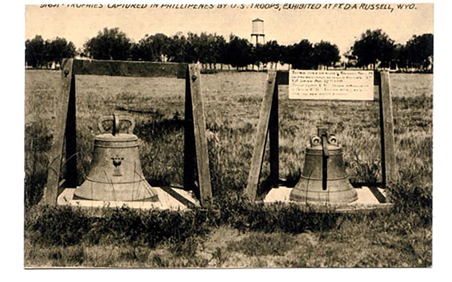 Two Balangiga bells are displayed at the F.E. Warren Air Force Base in Cheyenne, Wyo.