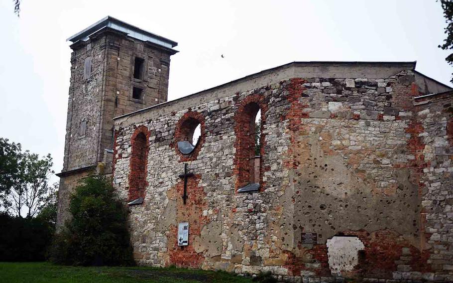 The ruined exterior of the Hopfenohe Church, at Grafenwoehr, Germany, Sept. 1, 2017. 
                