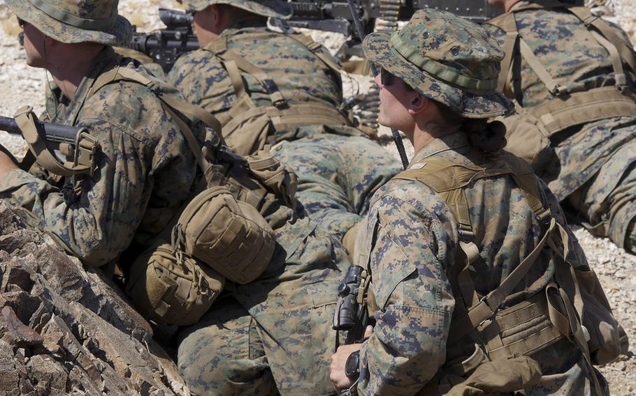Marines participate in an exercise during the Infantry Officer Course at Marine Corps Air Ground Combat Center Twentynine Palms, California, Sept. 18, 2017. The first female Marine to complete the course graduated Sept. 25, 2017.