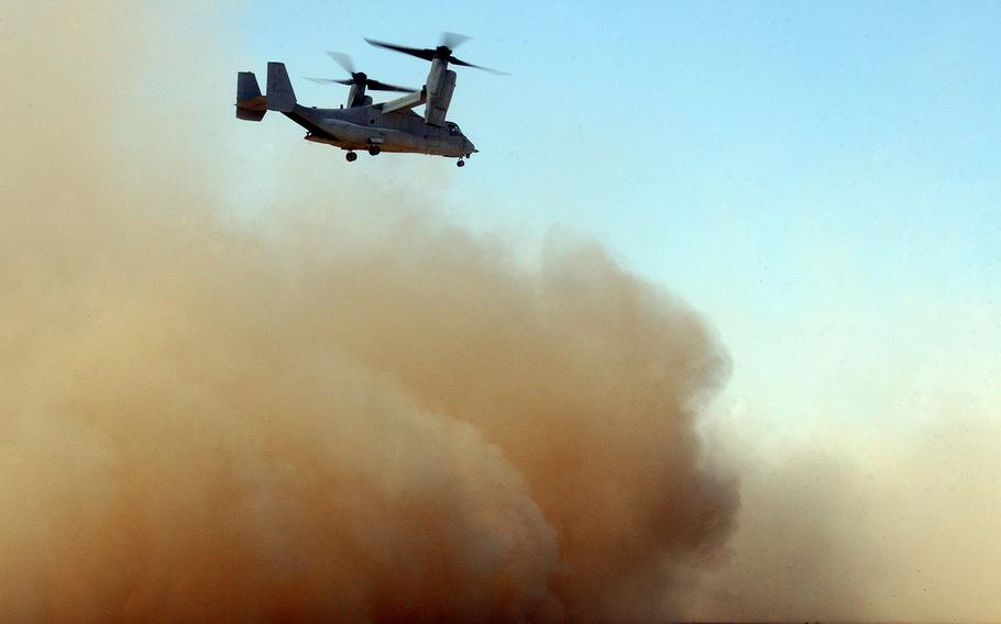 An MV-22B Osprey lands during a 2009 exercise in Egypt. The U.S. Defense Department announced Friday, Sept. 29, 2017, that an MV-22 Osprey tilt-rotor aircraft crashed in Syria, injuring two U.S. servicemembers.