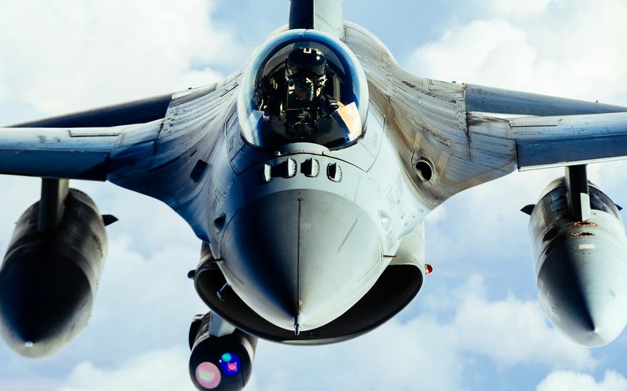 A U.S. Air Force F-16 Fighting Falcon refuels from a 340th Expeditionary Air Refueling Squadron KC-135 Stratotanker in support of Operation Inherent Resolve, Feb. 15, 2017.