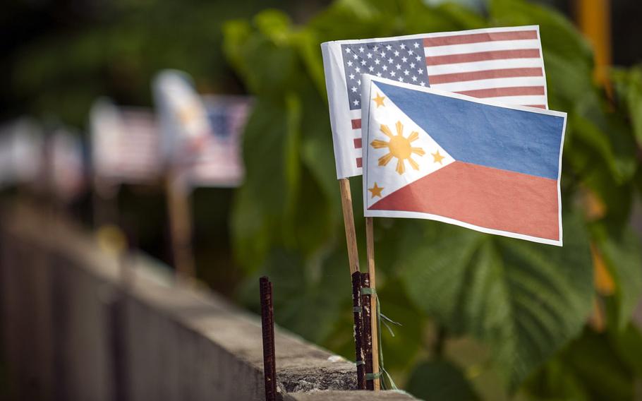 Philippine and American flags are placed at a groundbreaking ceremony during Balikatan 2017 at Guiuan, Eastern Samar, April 26, 2017. 