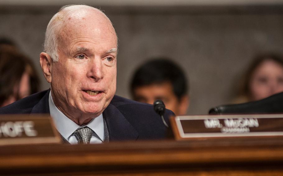 Senate Armed Services Committee Chairman Sen. John McCain, R-Ariz., asks a question about military acquisitions during a hearing on Capitol Hill in Washington, D.C., on Thursday, Dec. 7, 2017. "We will not be able to address the threats facing this nation with the system of organized irresponsibility that the defense acquisition enterprise has become,” McCain said.