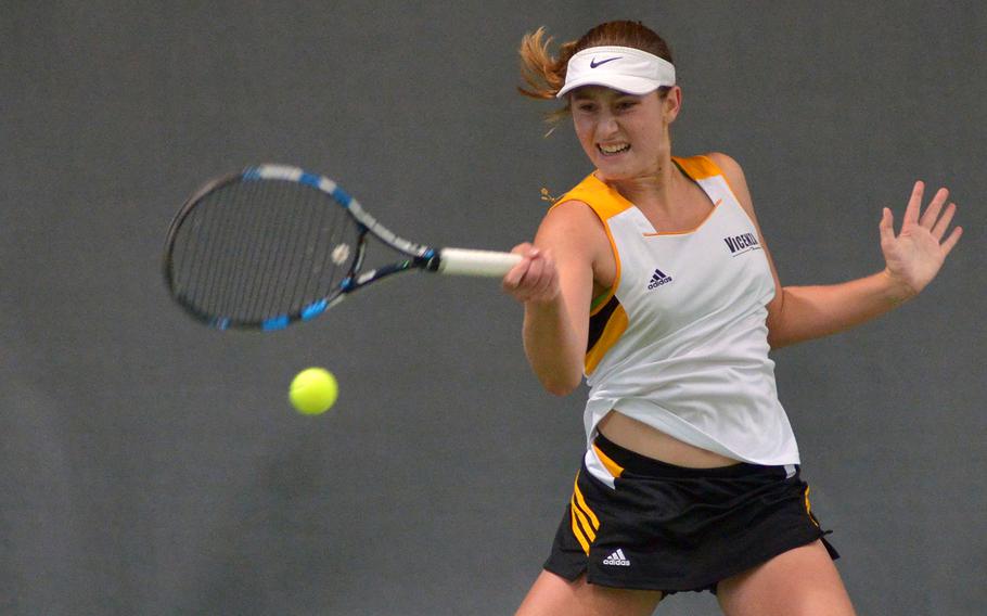 Vicenza's Catherine Gulihur uses her forehand to slam the ball back over the net in the girls singles final at the DODEA-Europe tennis championships in Wiesbaden, Germany, Saturday, Oct. 28, 2017. Gulihur took the title with a 6-2, 6-0 win over Wiesbaden's Charlotte Kordonowy.
                